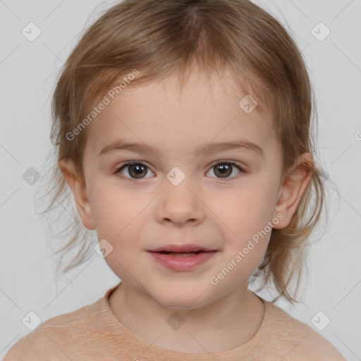 Joyful white child female with medium  brown hair and brown eyes