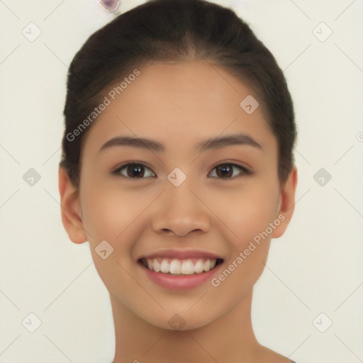 Joyful latino young-adult female with short  black hair and brown eyes