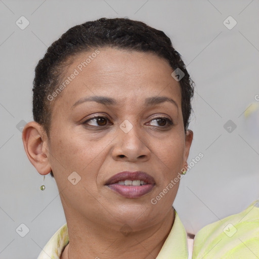 Joyful white adult female with short  brown hair and brown eyes
