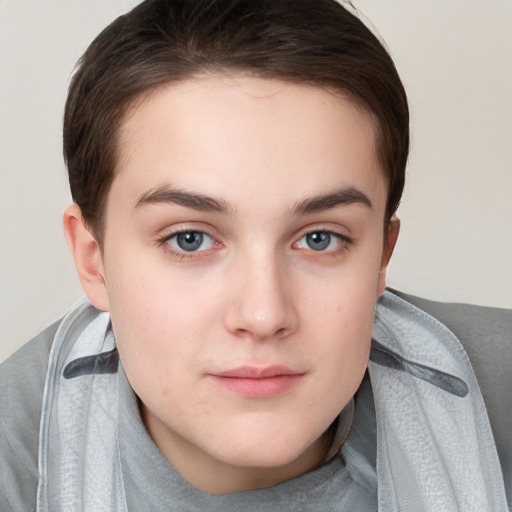 Neutral white young-adult female with short  brown hair and brown eyes