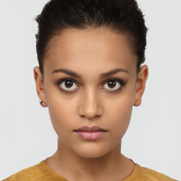 Neutral white young-adult female with short  brown hair and brown eyes