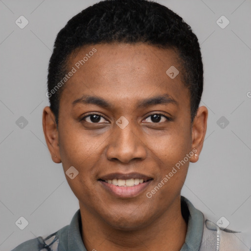 Joyful black young-adult male with short  black hair and brown eyes