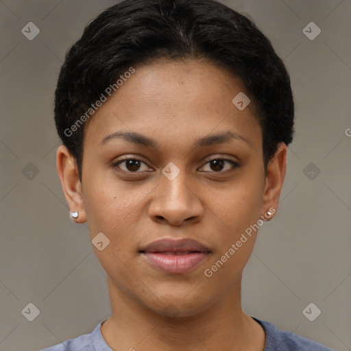 Joyful latino young-adult female with short  brown hair and brown eyes