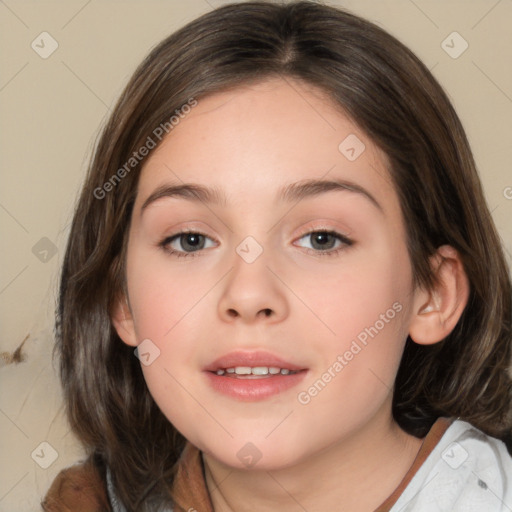 Joyful white child female with medium  brown hair and brown eyes