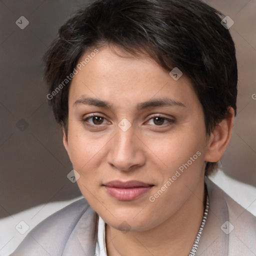 Joyful white young-adult female with medium  brown hair and brown eyes