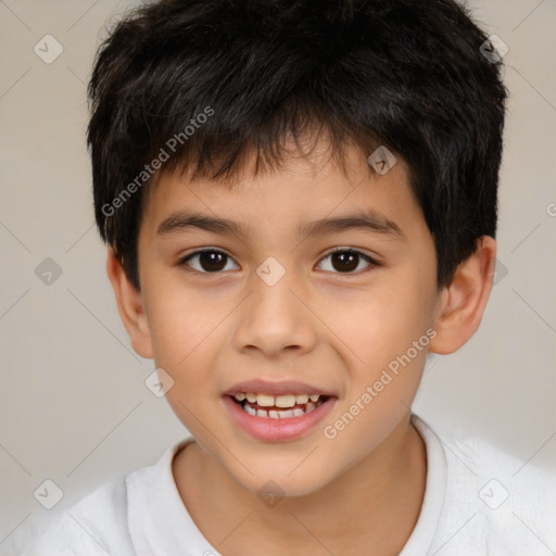 Joyful white child male with short  brown hair and brown eyes