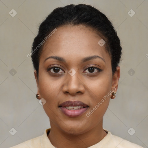 Joyful black young-adult female with short  brown hair and brown eyes