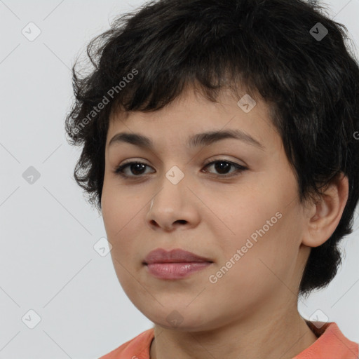 Neutral white young-adult female with short  brown hair and brown eyes