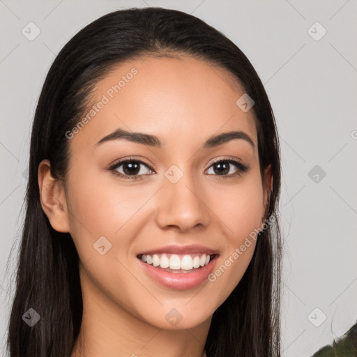 Joyful white young-adult female with long  black hair and brown eyes