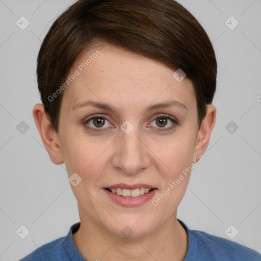 Joyful white young-adult female with short  brown hair and grey eyes