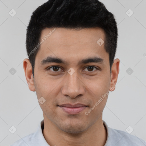 Joyful white young-adult male with short  black hair and brown eyes