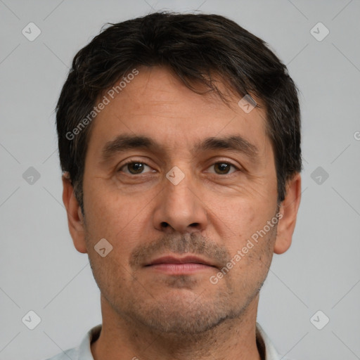 Neutral white adult male with short  brown hair and brown eyes