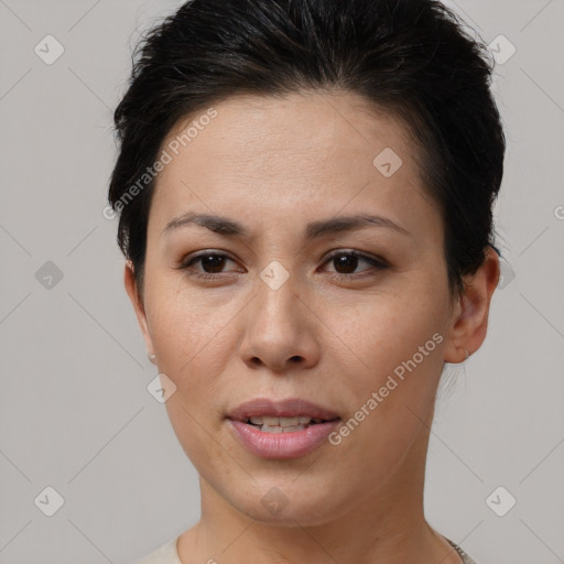 Joyful asian young-adult female with short  brown hair and brown eyes