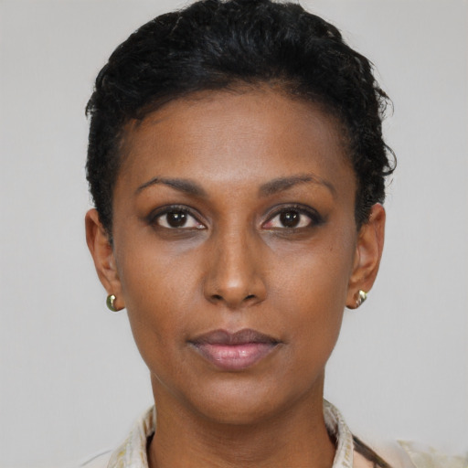 Neutral black young-adult female with short  brown hair and brown eyes