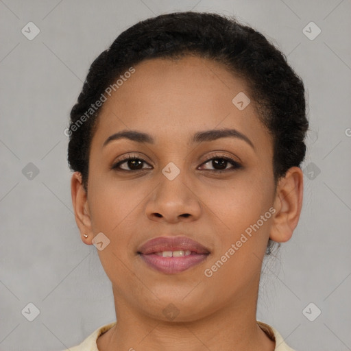 Joyful latino young-adult female with short  brown hair and brown eyes