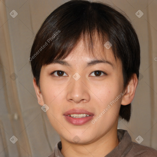 Neutral asian young-adult female with medium  brown hair and brown eyes