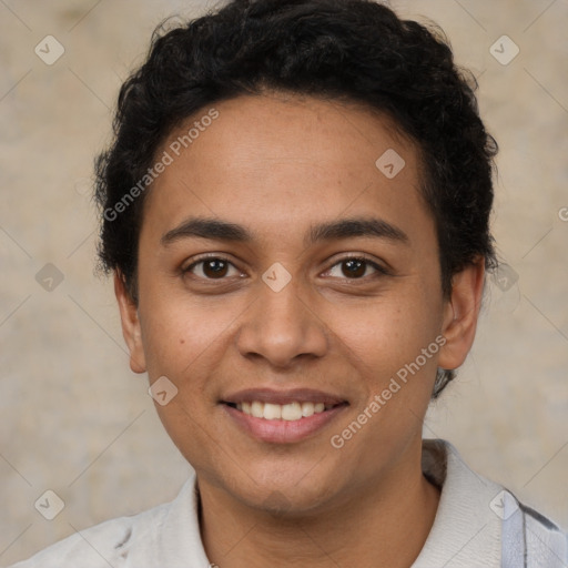 Joyful latino young-adult female with short  brown hair and brown eyes