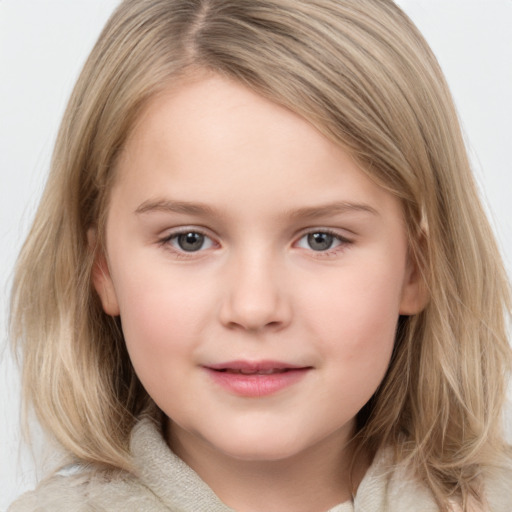 Joyful white child female with medium  brown hair and grey eyes