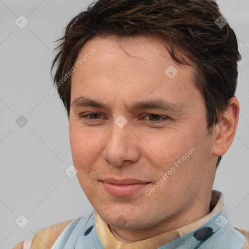 Joyful white adult male with short  brown hair and brown eyes