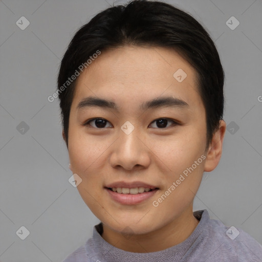 Joyful asian young-adult female with short  black hair and brown eyes