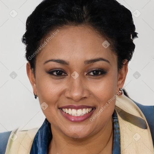 Joyful latino young-adult female with short  brown hair and brown eyes