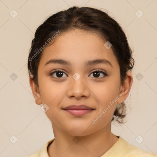 Joyful latino child female with medium  brown hair and brown eyes