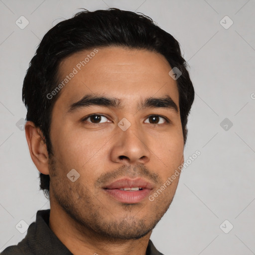 Neutral latino young-adult male with short  black hair and brown eyes