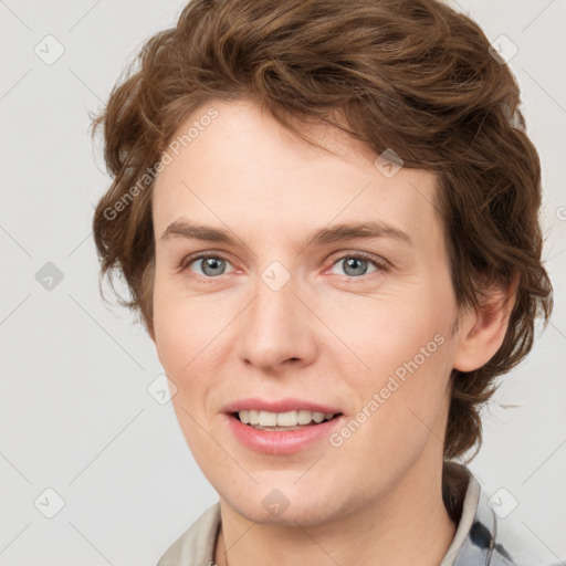 Joyful white young-adult female with medium  brown hair and green eyes