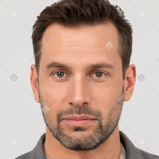 Neutral white adult male with short  brown hair and brown eyes