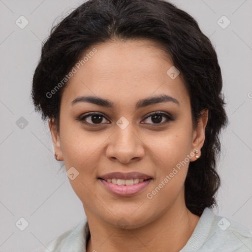 Joyful latino young-adult female with medium  brown hair and brown eyes