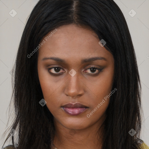 Neutral asian young-adult female with long  brown hair and brown eyes