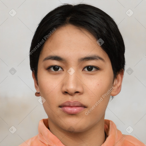 Neutral asian young-adult male with short  black hair and brown eyes