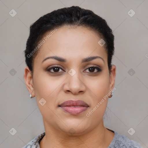 Joyful latino young-adult female with short  brown hair and brown eyes