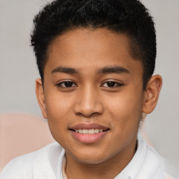 Joyful latino young-adult male with short  brown hair and brown eyes