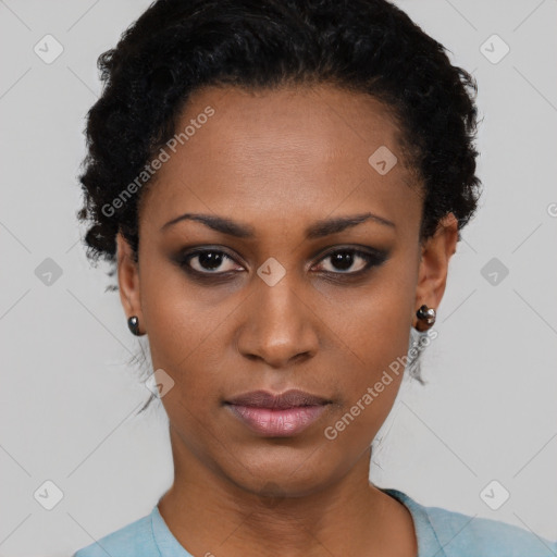 Neutral black young-adult female with short  black hair and brown eyes