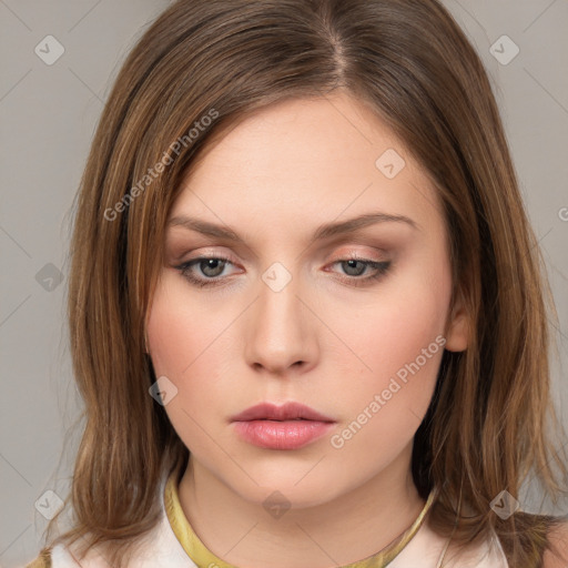 Neutral white young-adult female with medium  brown hair and brown eyes