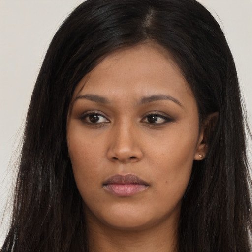 Neutral asian young-adult female with long  brown hair and brown eyes
