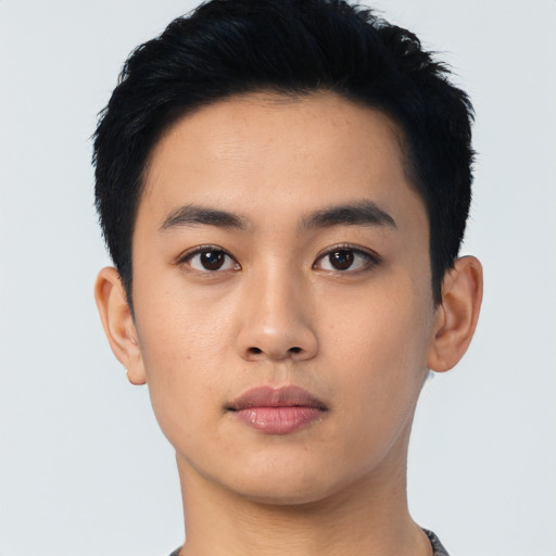 Neutral asian young-adult male with short  black hair and brown eyes