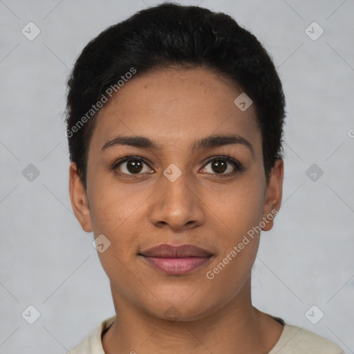 Joyful latino young-adult female with short  black hair and brown eyes