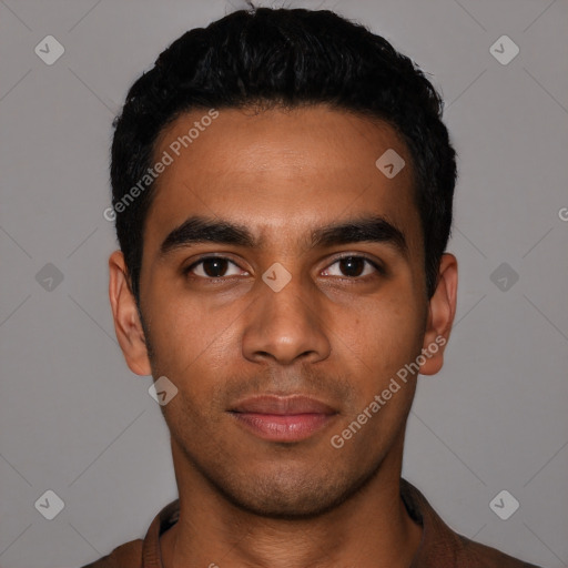 Neutral latino young-adult male with short  black hair and brown eyes