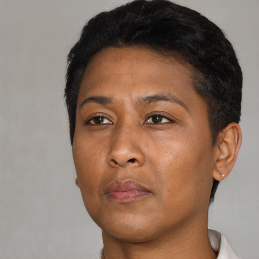Neutral black adult female with short  black hair and brown eyes