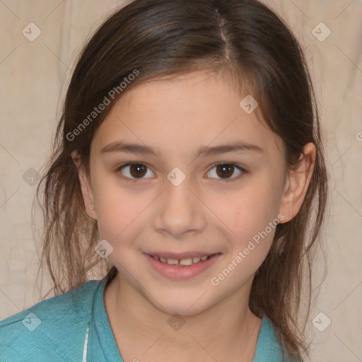 Joyful white child female with medium  brown hair and brown eyes