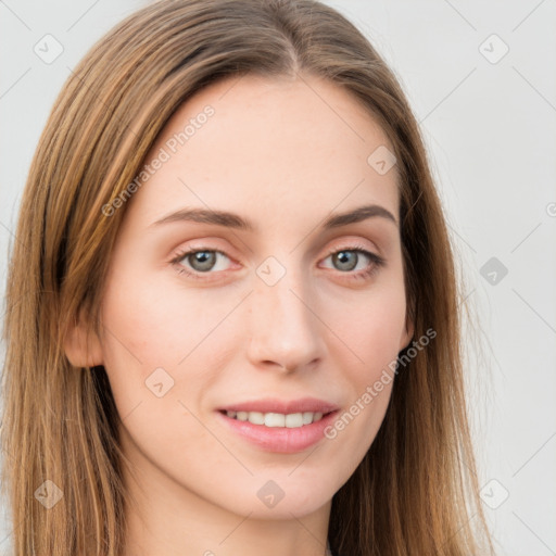 Joyful white young-adult female with long  brown hair and grey eyes