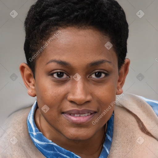 Joyful black young-adult female with short  brown hair and brown eyes