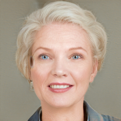 Joyful white adult female with short  blond hair and blue eyes