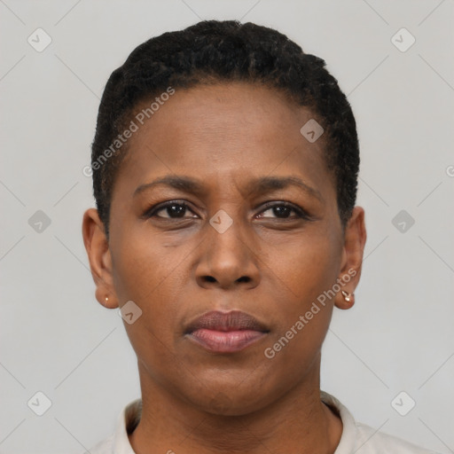 Neutral black young-adult female with short  brown hair and brown eyes