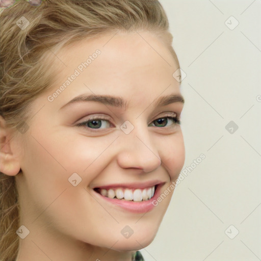 Joyful white young-adult female with long  brown hair and green eyes