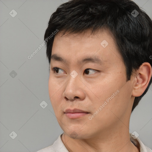 Neutral white young-adult male with short  black hair and brown eyes