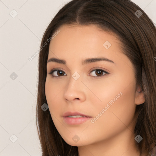 Neutral white young-adult female with long  brown hair and brown eyes