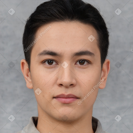 Neutral asian young-adult male with short  brown hair and brown eyes